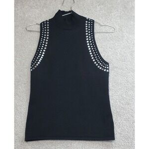 Cache Rib‎ Tank Top Sweater Women M Black Silk Blend Knit Stud Trims Mock Neck